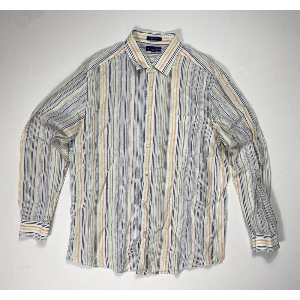 Grant Thomas Button Shirt Men's XL Striped Pure Linen Lightweight Beach Comfort